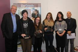 Presentation of awards LtoR: Andrew Needham, Chair of the Corporation, Lewis Shaw, Amy Beaumont, Katherine Binks and English teachers, Hannah Mantle and Paul Barker. 