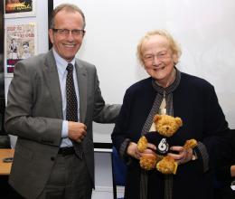 Principal, Simon Jarvis, with Baroness Sharp