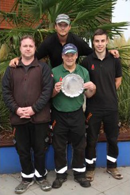 Ray Clark, holding salver, Ben Merryweather (left), Trevor Hopkins and Dean Hopkins (right)